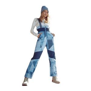 Free People FP Movement Indigo Patch Printed All Prepped Bib Overalls Blue White